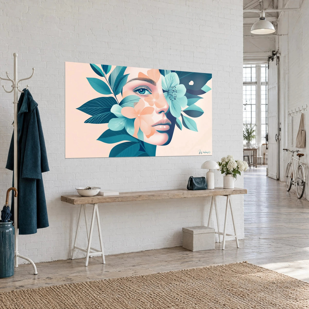 Schilderij bloemenportret met blauwe blik, turquoise bloem over het oog, zalmkleurige bloemblaadjes op de wang, op een witte bakstenen muur