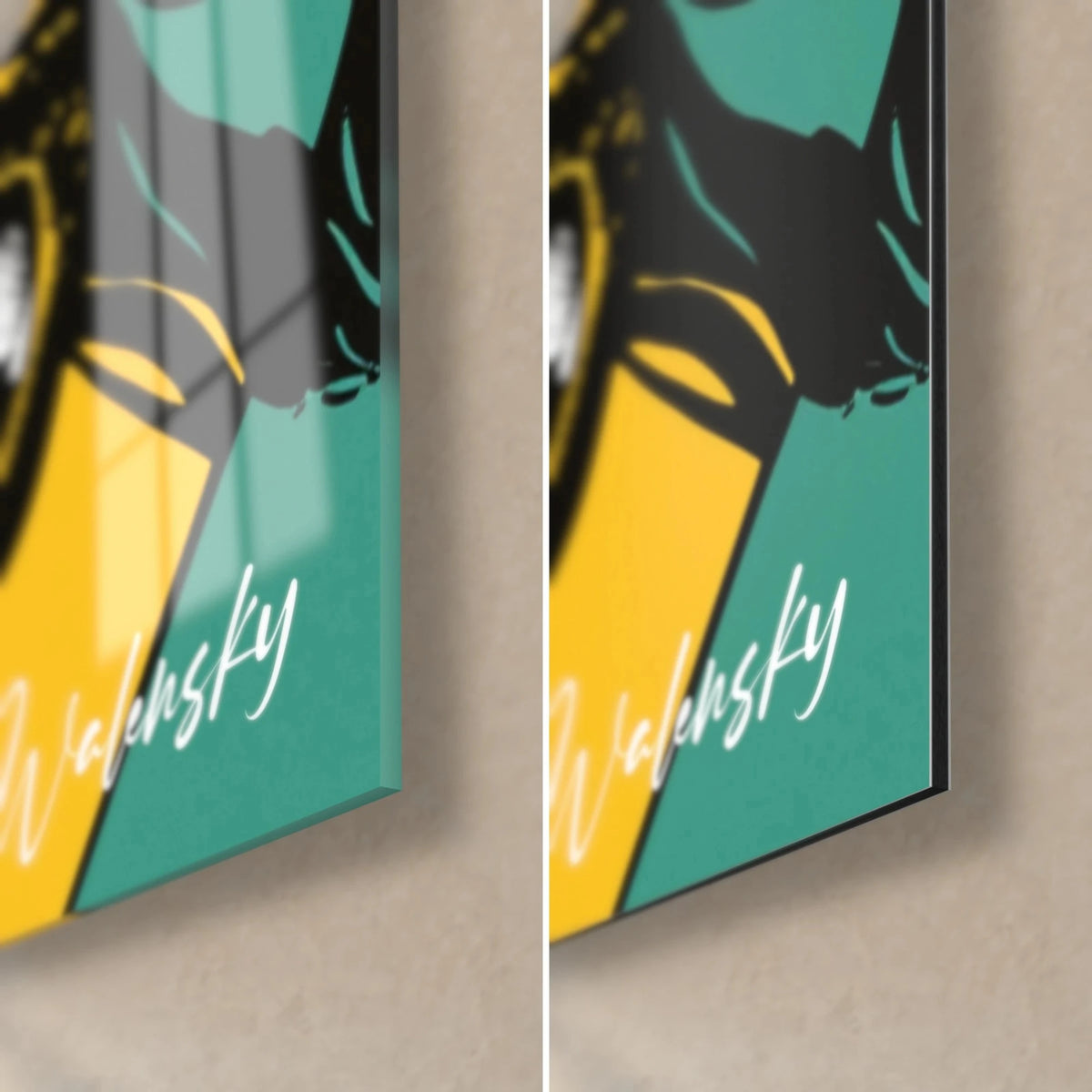 Tableau regard écarquillé sur fond jaune et vert turquoise, signature Walensky, coin en verre brillant et Dibond mat, tranche 3 mm