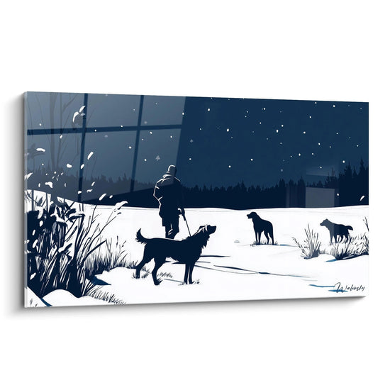 Un tableau Pieter Bruegel l'Ancien représentant une scène hivernale avec un homme et trois chiens dans un paysage enneigé, en nuances de bleu, blanc et noir, avec des ombres marquées et un ciel étoilé.

