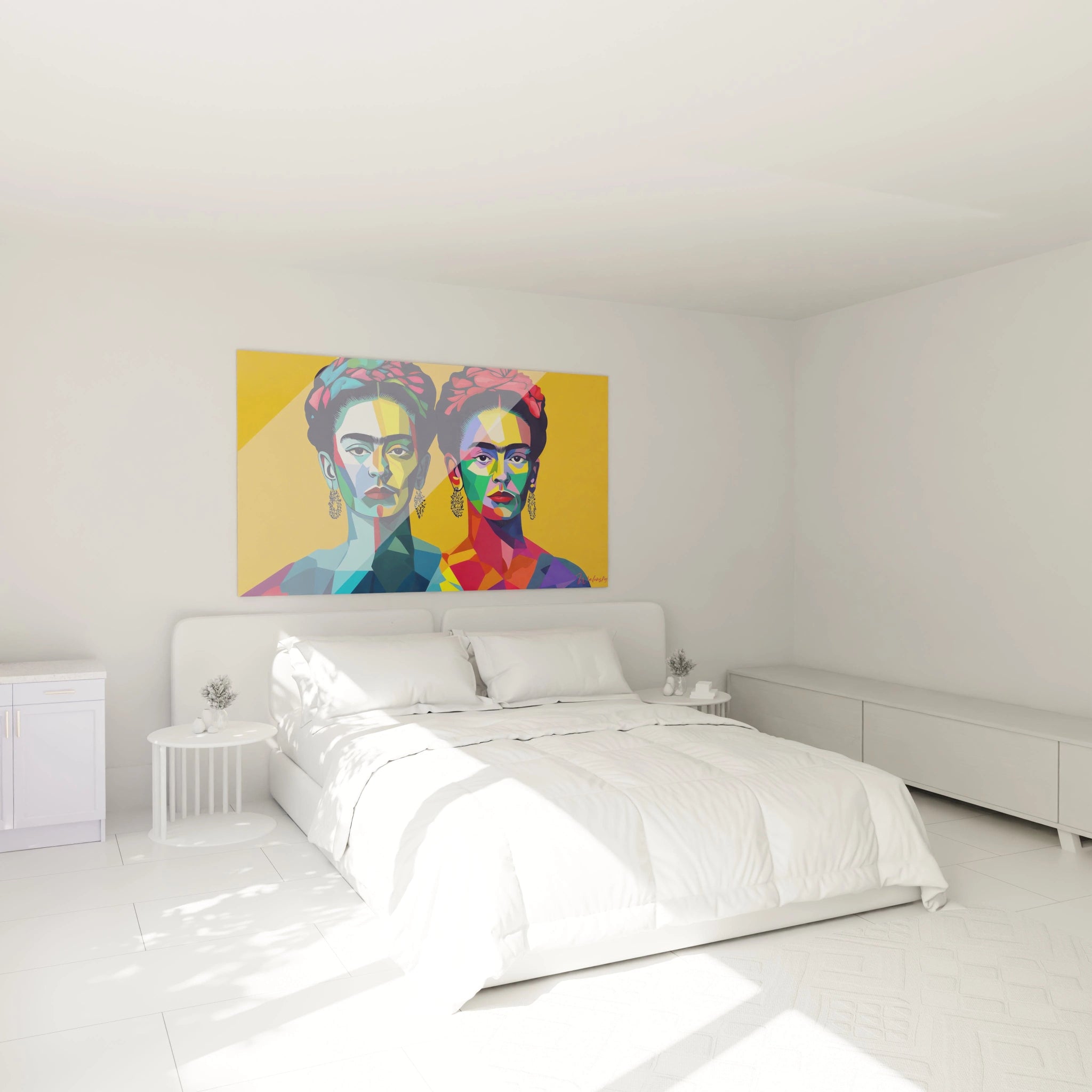 Tableau Frida Kahlo avec deux figures féminines aux visages géométriques, dans des teintes vives de rouge, jaune, bleu et vert, sur un fond jaune uniforme avec des zones de couleur fracturées.

