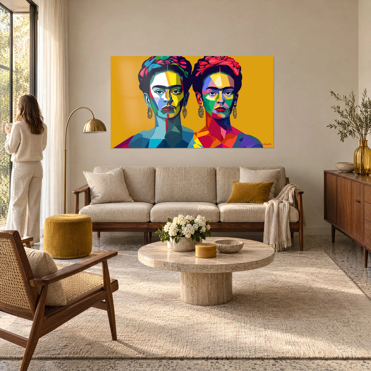 Schilderij cubistisch dubbel portret van twee Frida's, gefacetteerde gezichten in geel en groen op een mosterdgele achtergrond, boven een bank in een lichte woonkamer
