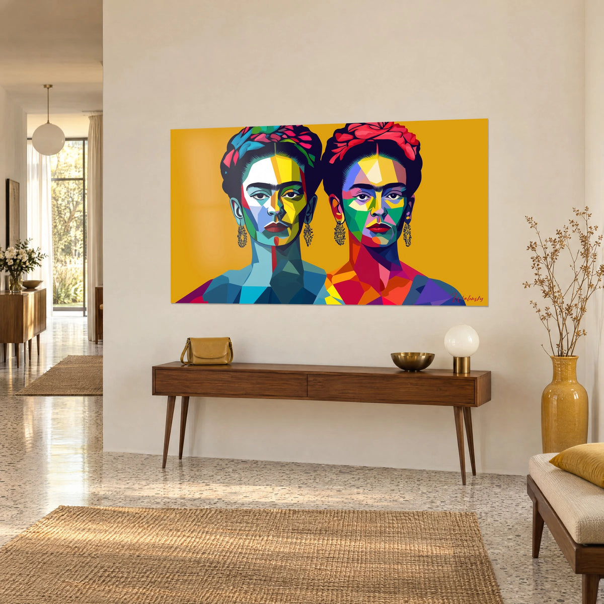 Schilderij twee vrouwen met rode bloemenkransen, oorbellen van zwart kant en goudocker achtergrond, driekwart zicht op een houten console