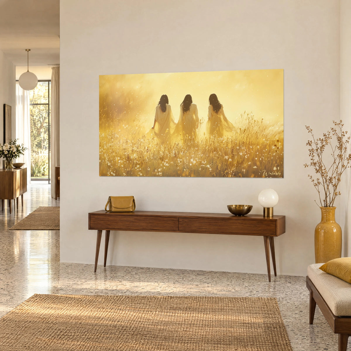 Cuadro segadoras envueltas en velos marfil, cabello negro de espaldas, prado florido ocre, sobre una pared beige encima de una consola