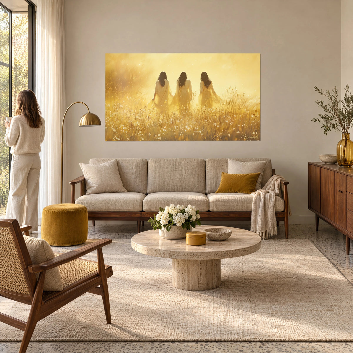 Quadro tre donne in abiti giallo pallido che attraversano un campo dorato, controluce dorato, sopra un divano in un soggiorno luminoso