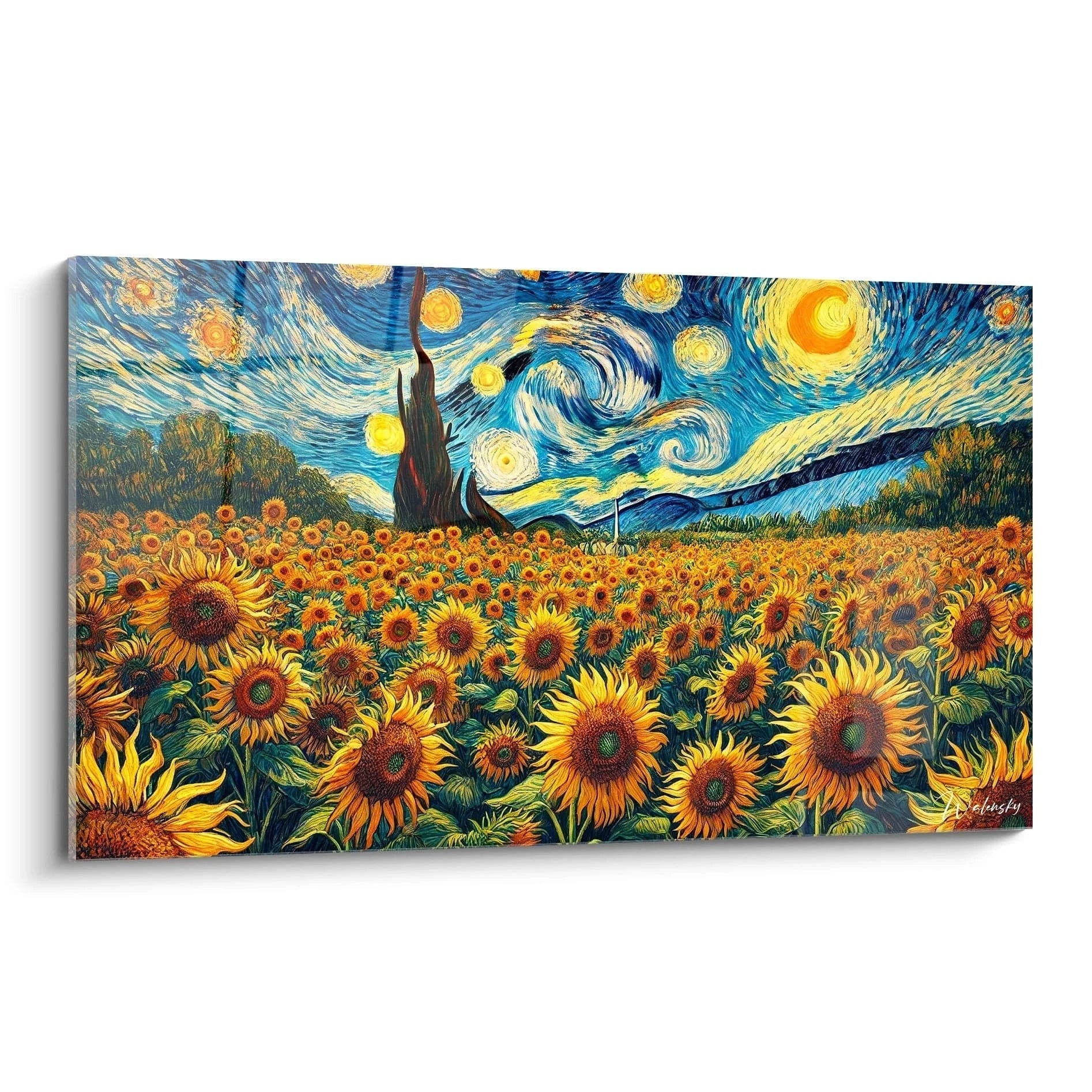 Un tableau Vincent Van Gogh montrant un champ de tournesols jaunes et un ciel étoilé bleu, avec des spirales et des reliefs de peinture texturés.

