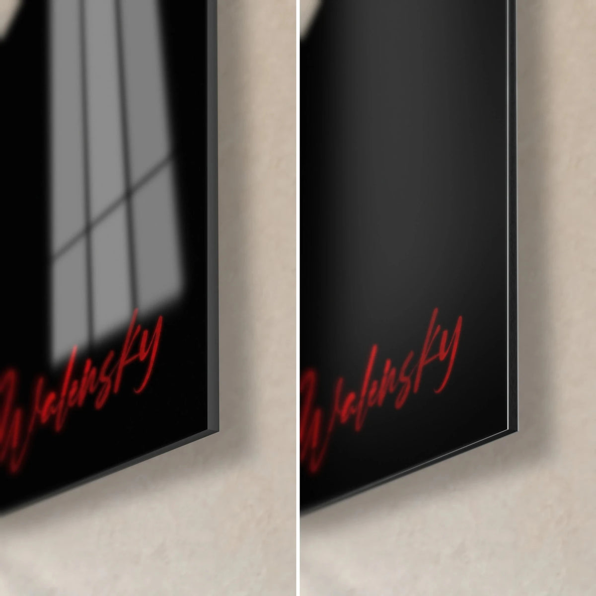 Tableau profil rouge sous chapeau à larges ailes, coin bas droit : verre acrylique brillant à gauche, alu Dibond noir mat à droite, tranche 3 mm