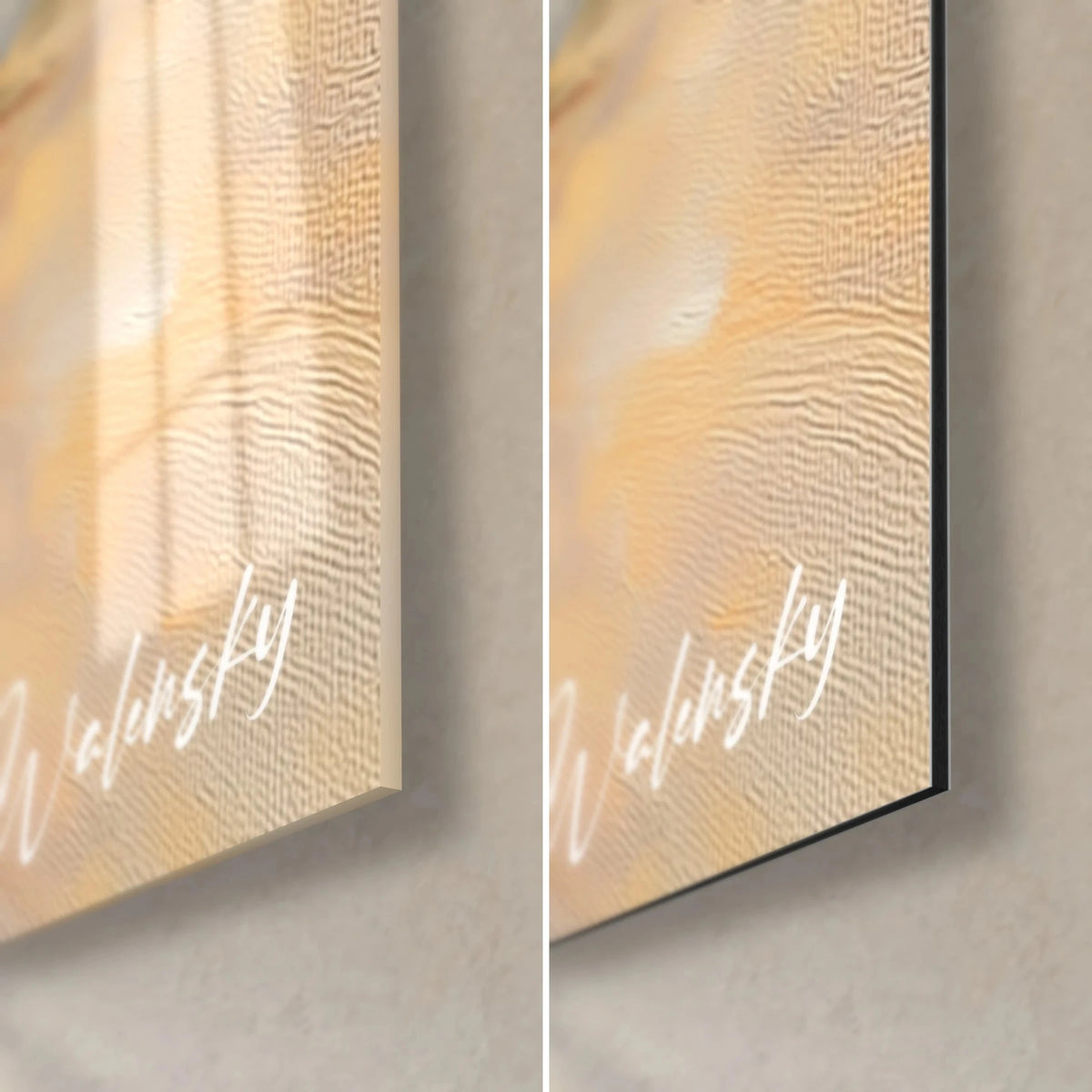 Gemälde einer Bäuerin auf sonnigem Weg, untere rechte Ecke: glänzendes Acrylglas links, mattschwarzes Dibond rechts, 3 mm Stärke