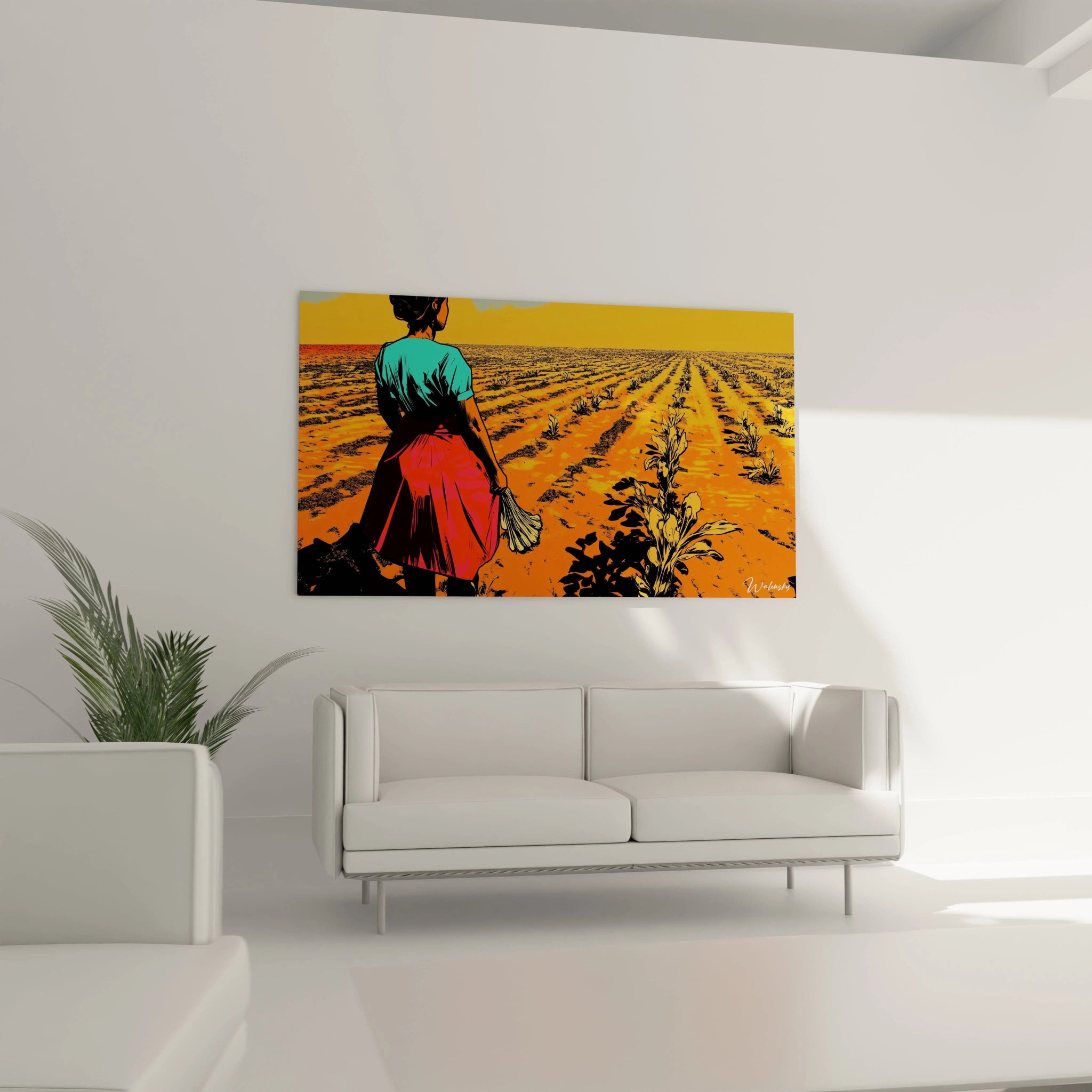 Un tableau Camille Pissarro mettant en scène une silhouette féminine dans un paysage agricole. Les teintes orange et rouge contrastent avec le noir des ombres et les lignes épurées qui délimitent les formes du décor.

