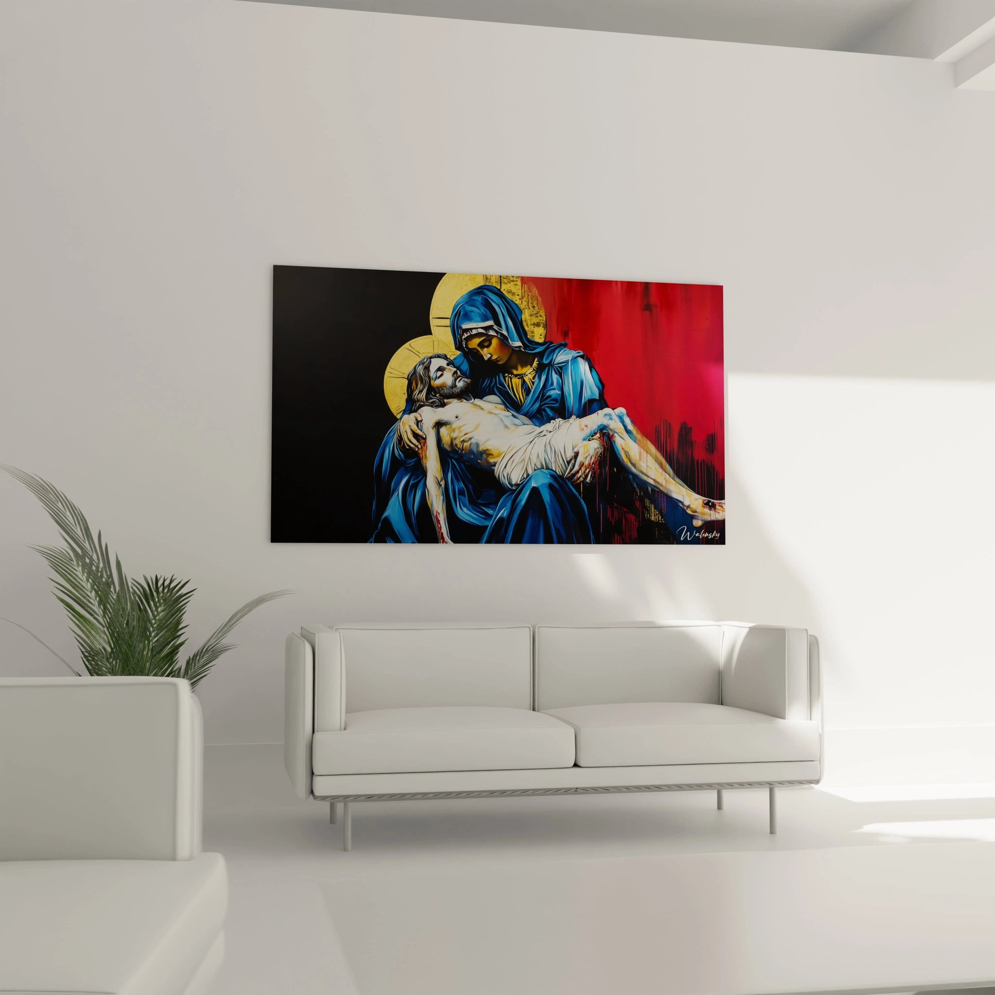 Un tableau artistique abstrait montrant une figure allongée en blanc et une autre en bleu, sur un fond rouge à textures fluides et des motifs dorés évoquant des éléments iconographiques.