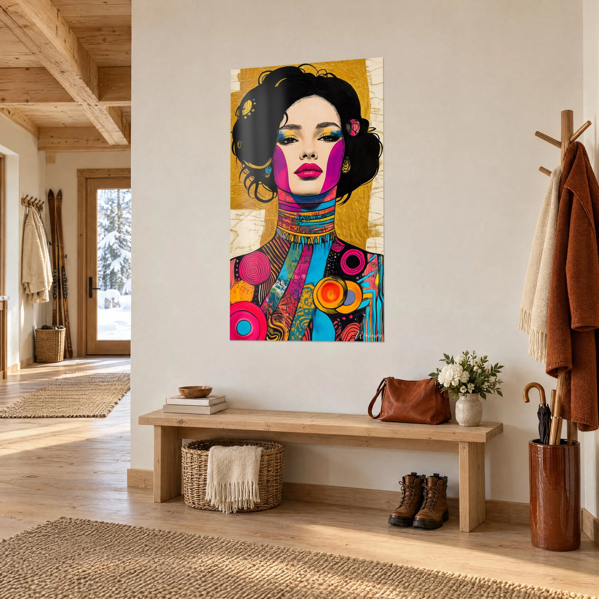 Schilderij muze met inktzwart haar en paarse wangen, turquoise gestreepte ketting op gouden achtergrond, in een entree van een chalet van licht hout