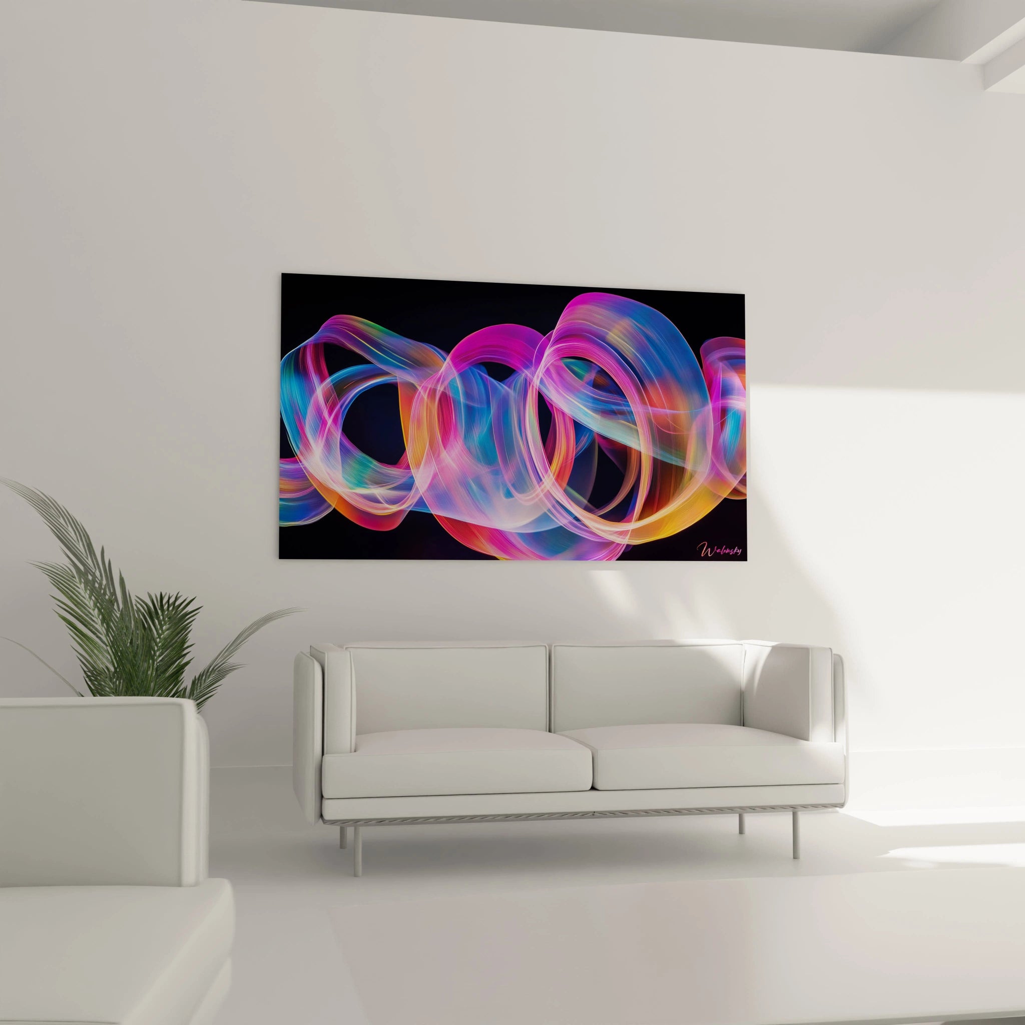 Un tableau Sonia Delaunay montrant des courbes dynamiques multicolores avec des nuances de bleu, rose et orange, des effets de transparence et une texture lisse sur un arrière-plan noir.


