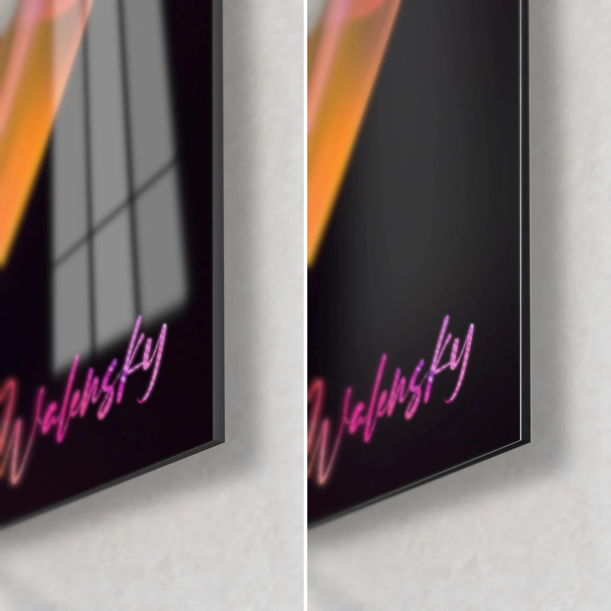 Wall art of iridescent rings in magenta pink and amber orange on a black background, lower right corner signed Walensky, glossy glass and matte Dibond