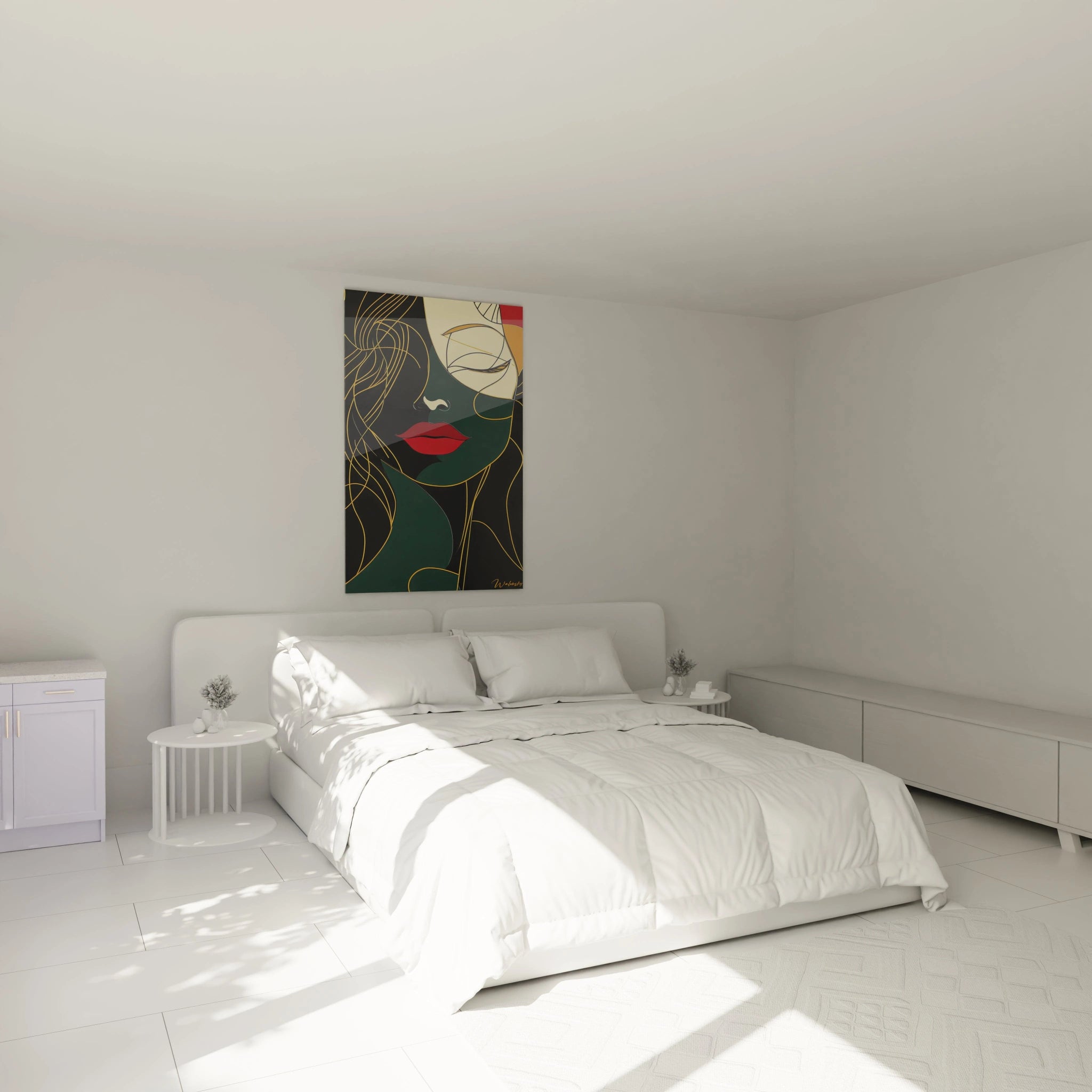 Ce tableau Amedeo Modigliani montre un visage abstrait aux lignes dorées fluides, des lèvres rouges vives, des aplats de beige et de vert foncé sur un fond noir, formant des formes géométriques distinctes.

