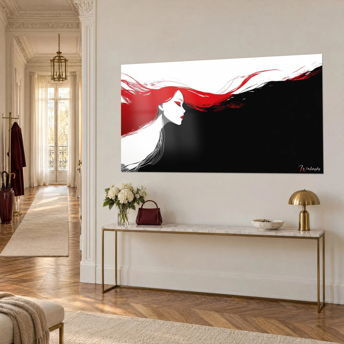 Schilderij scharlakenrood haar dat wegzweeft over een grote zwarte vlakte, witte silhouet met gesloten ogen, driekwart aanzicht