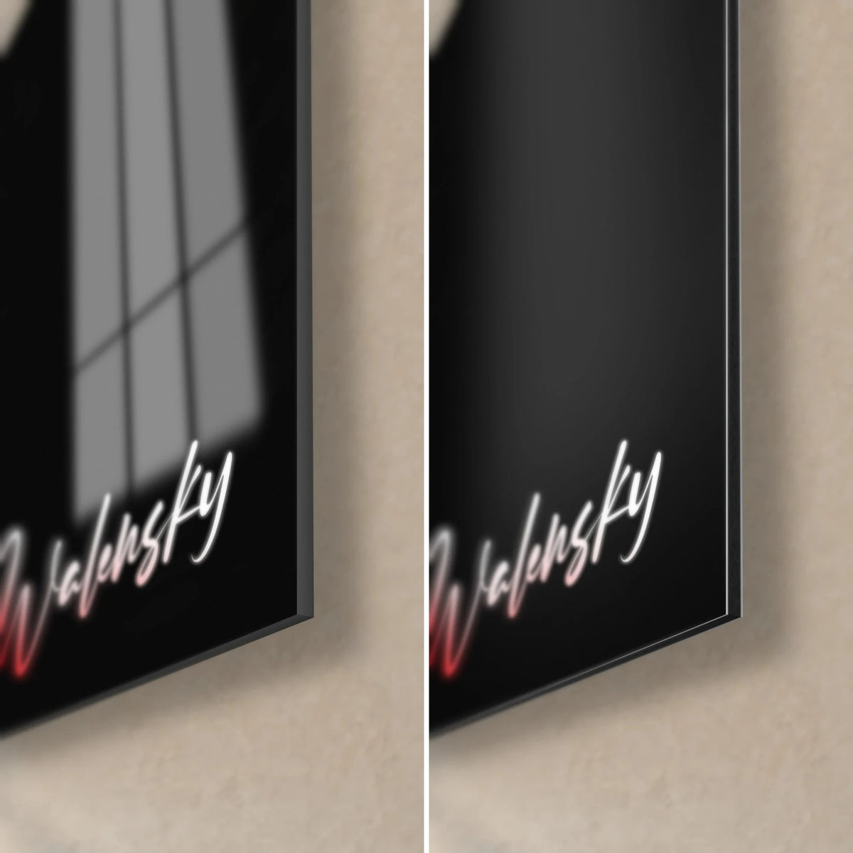 Schilderij wit vrouwengezicht met rode lippen, rechtsonder: glanzend glas links, mat zwart Dibond rechts