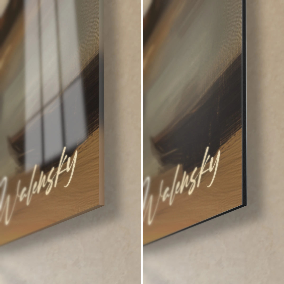Quadro città sull'acqua, angolo in basso a destra: vetro lucido a sinistra, alluminio Dibond opaco a destra, firma color crema, spessore 3 mm