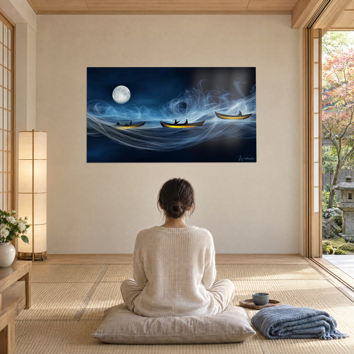 Schilderij drie gele boten die varen onder een maanster, schuim van witte draden op diep blauw, vrouw van achteren zittend op een grijs kussen, tatami