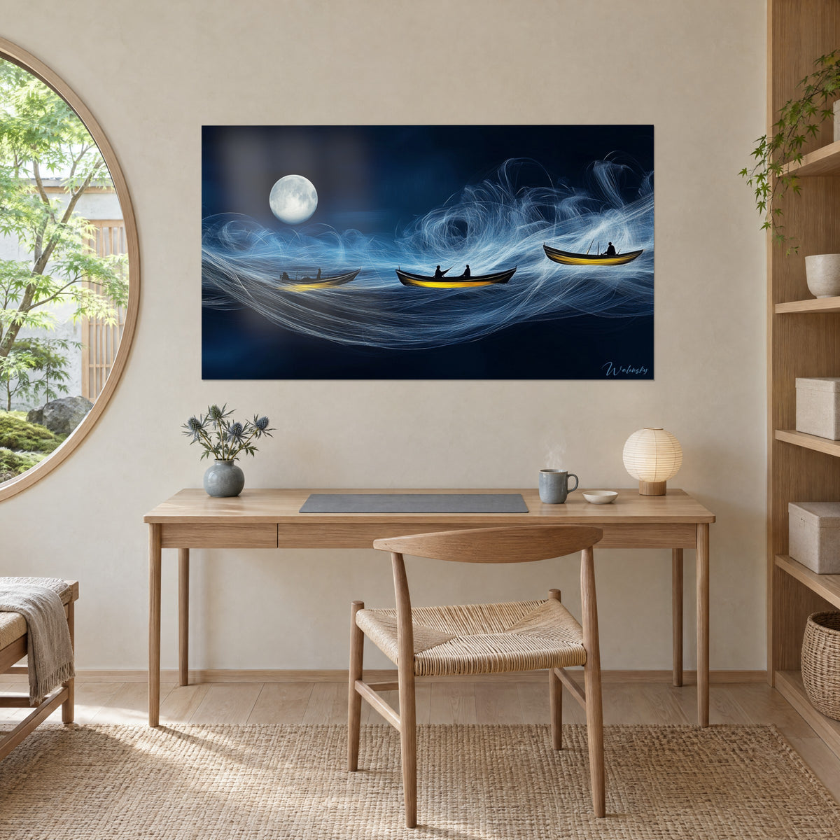 Schilderij vloot van vissers onder de maan, goudgele rompen op elektrisch blauwe en witte deining, opgehangen boven een bureau van licht eikenhout