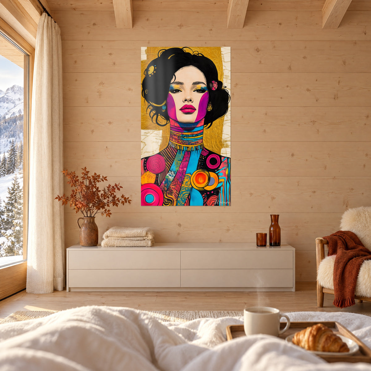 Schilderij muze met een blik geschminkt in geel en blauw, tuniek van oranje en magenta cirkels, boven een bed in een heldere slaapkamer