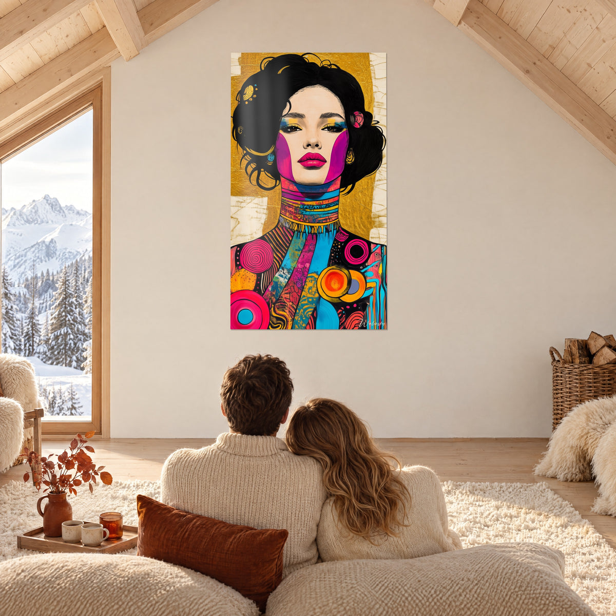 Schilderij effigie met roze lippen en gouden oogleden, oranje en magenta spiralen, onder de balken van een chalet met uitzicht op de bergen