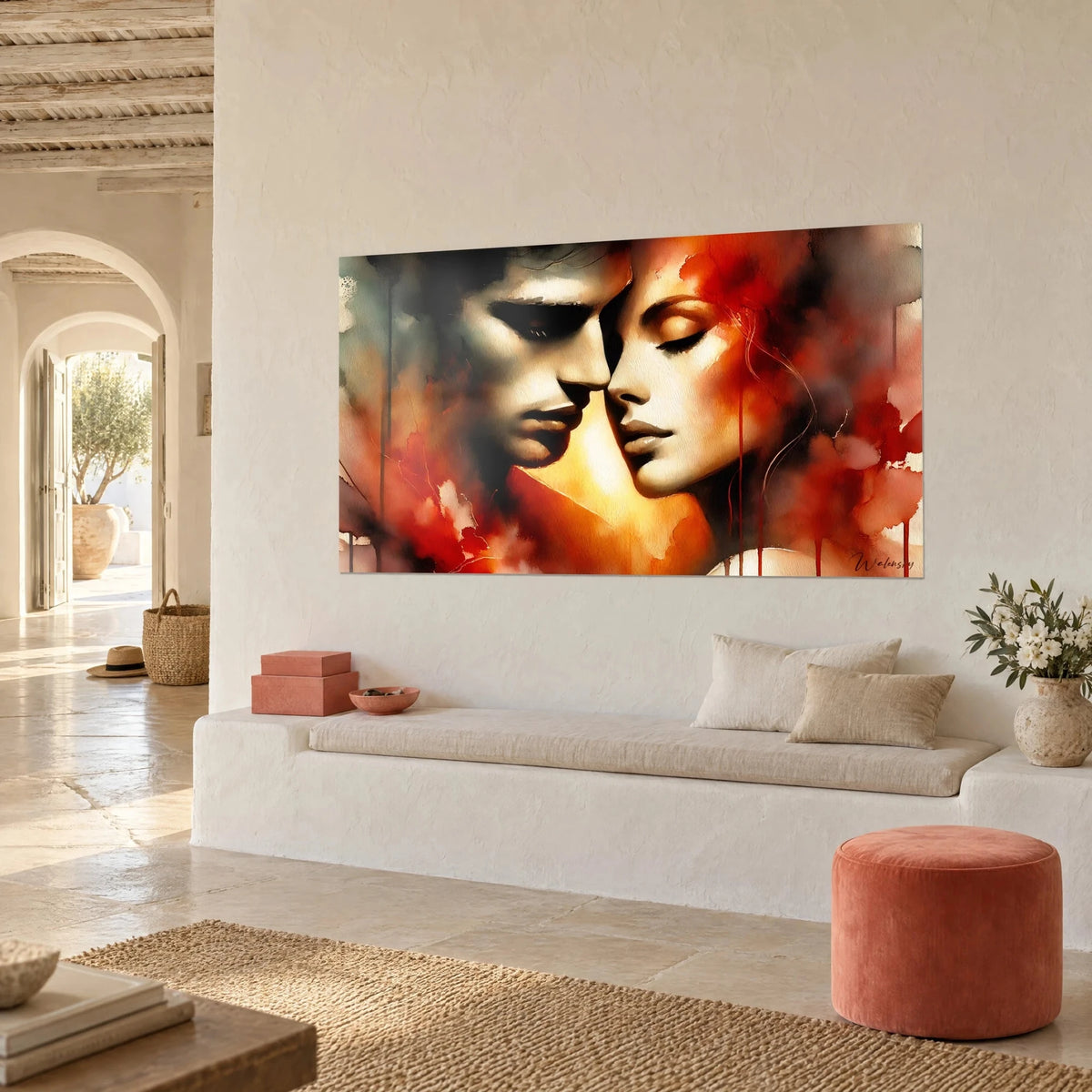 Tableau visages d'homme et de femme qui s'effleurent, aquarelle grise, orange et carmin, sur un mur blanc à l'ancienne