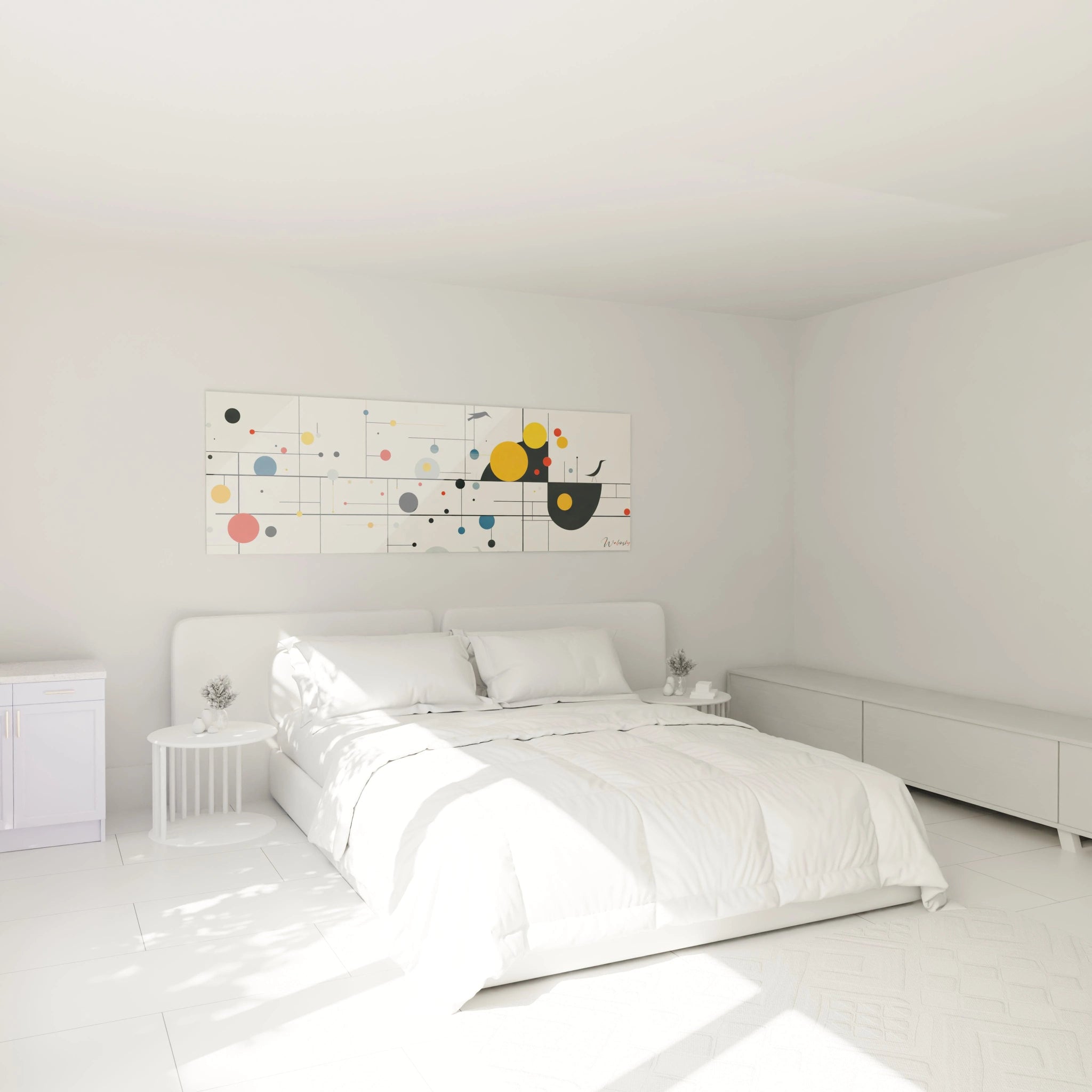 Tableau géométrique abstrait de Walensky avec des motifs colorés dans une chambre moderne