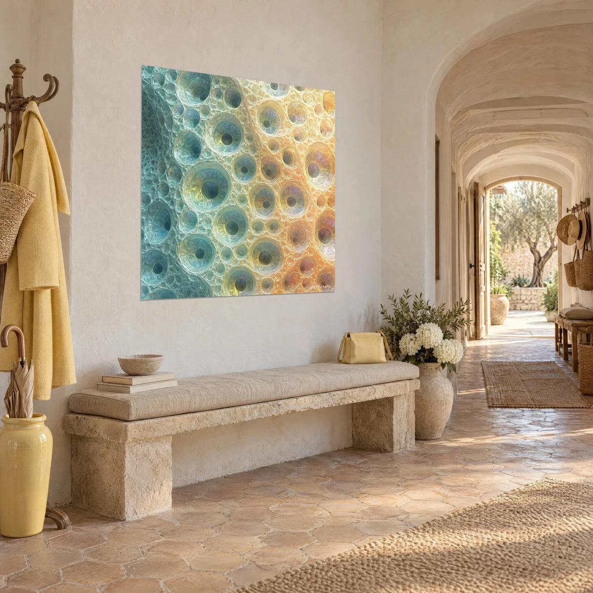 Wall art with abstract honeycomb cells in turquoise and amber, angled view of a stone bench in a vaulted corridor of the Provençal farmhouse