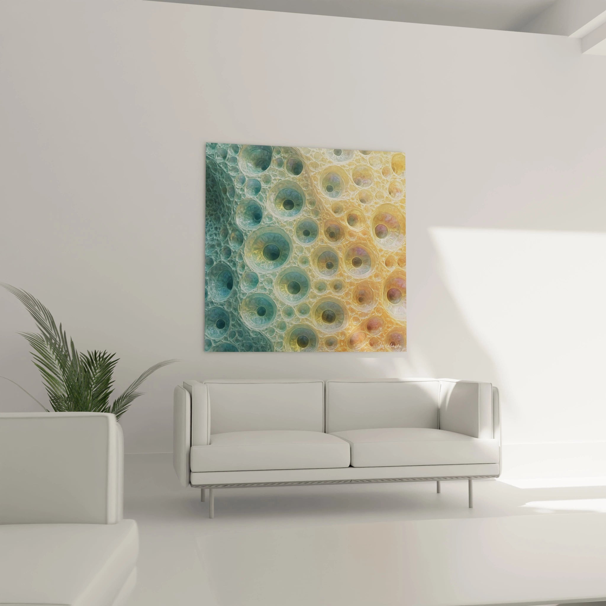 Un tableau relief abstrait représentant des structures cellulaires translucides aux bords surélevés, créant un dégradé harmonieux du bleu profond vers l'or ambré, avec des centres plus sombres entourés d'anneaux lumineux qui captent et réfléchissent la lumière.
