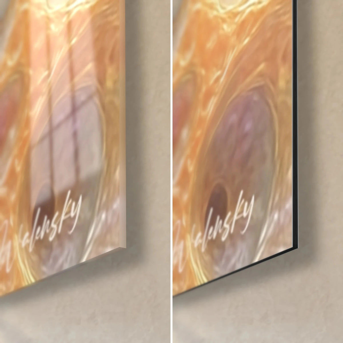 Wall art with hollowed bubbles in turquoise and orange, bottom right corner: glossy glass with reflections, matte Dibond, 3 mm edge