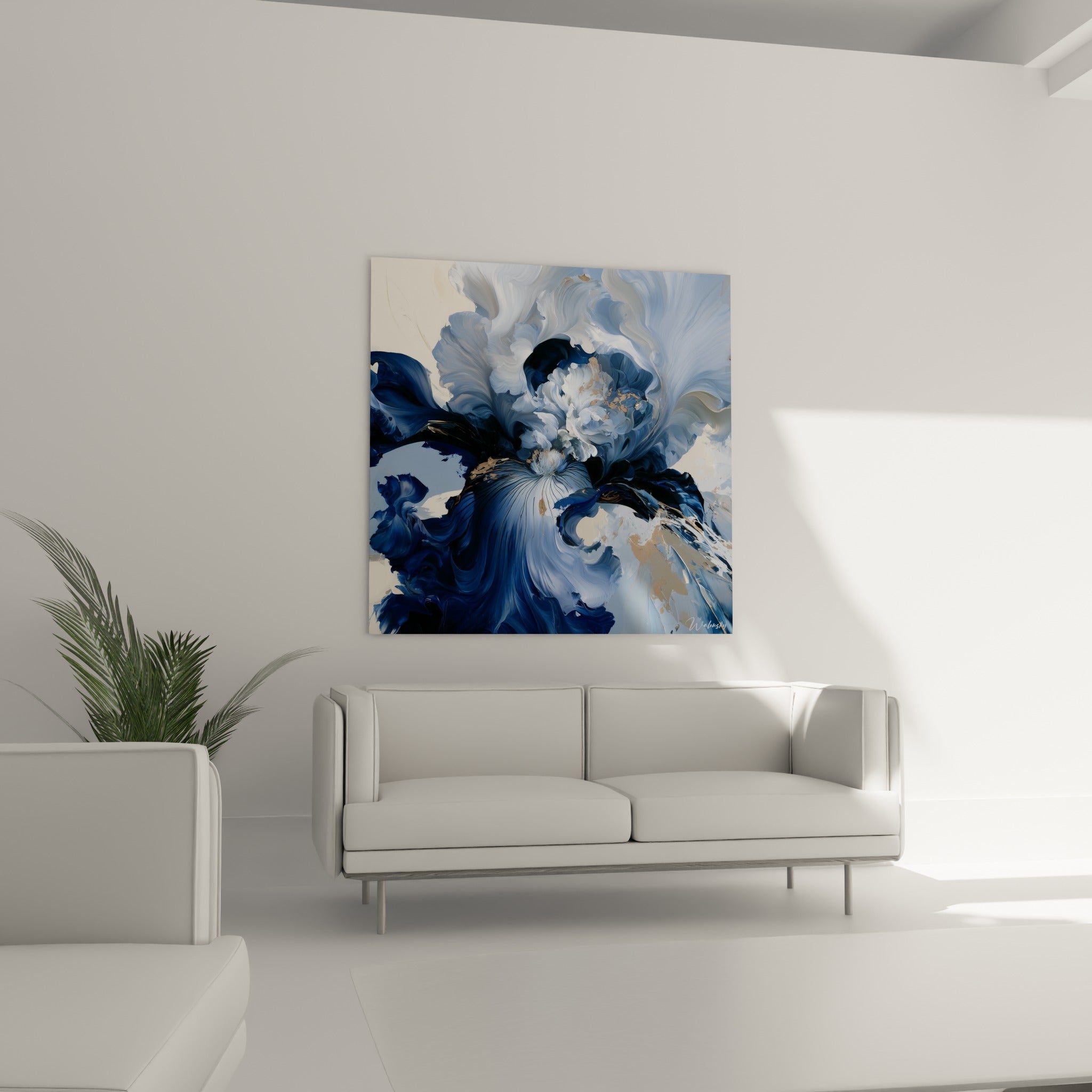 Iris blanc nacré et bleu profond au mouvement tourbillonnant, au-dessus d'un canapé dans un salon lumineux