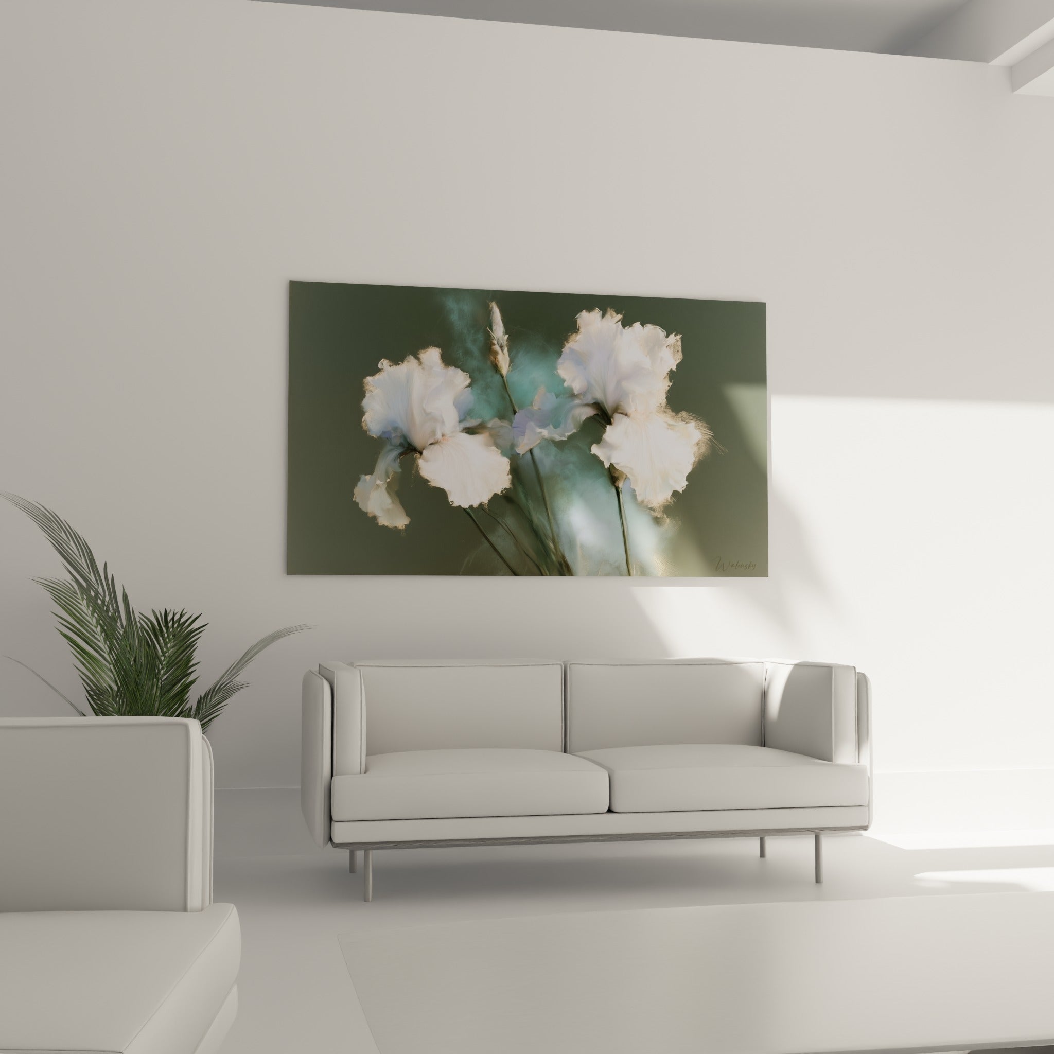 Fleurs d'iris blanches et anthracite en fond suspendues au-dessus d'un canapé dans un salon lumineux