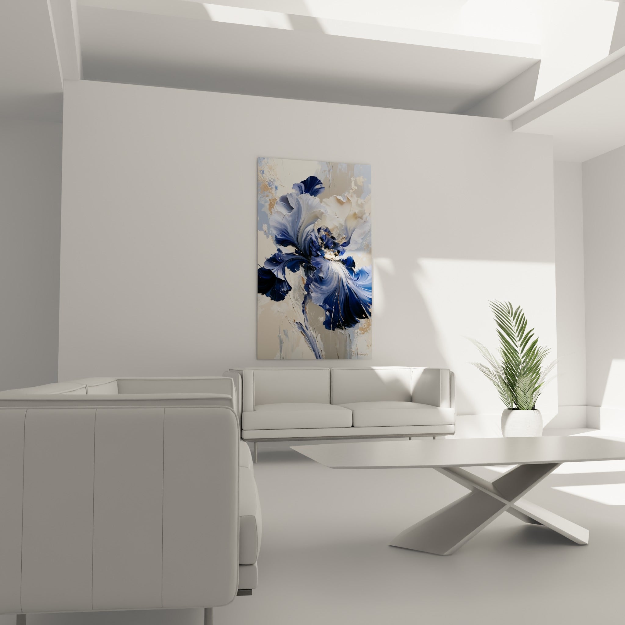 Pétales d'iris anthracite et crème sculptés en relief, disposés au-dessus d'un canapé dans un salon lumineux