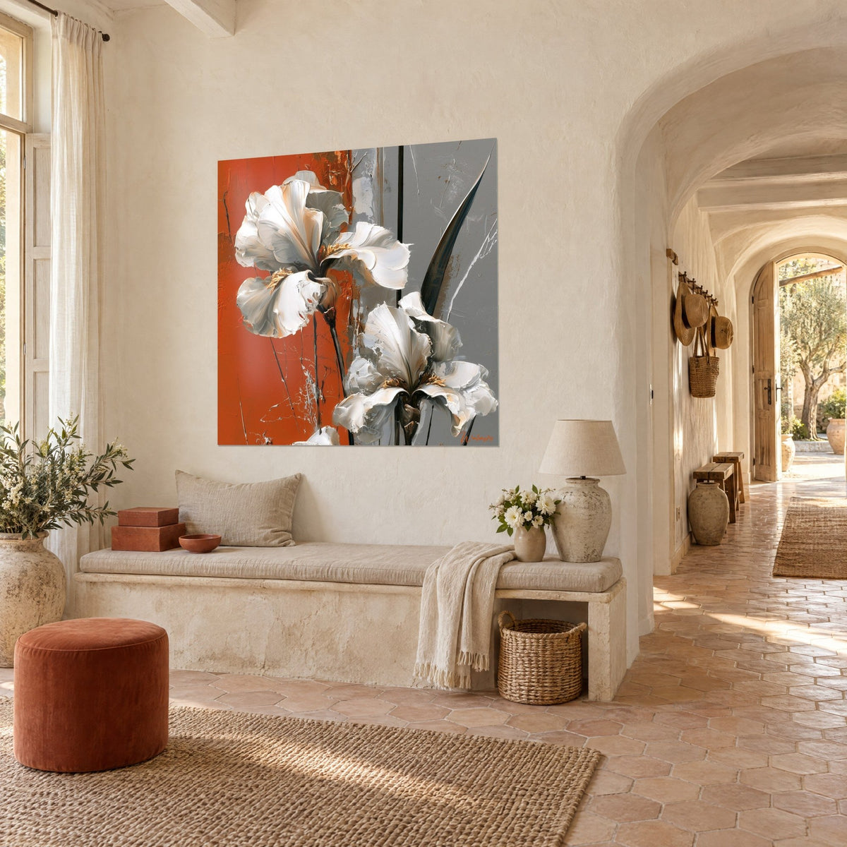 Wall art cream iris flowers with wavy petals, black stem and dark leaf on terracotta and grey, in a vaulted masia hallway