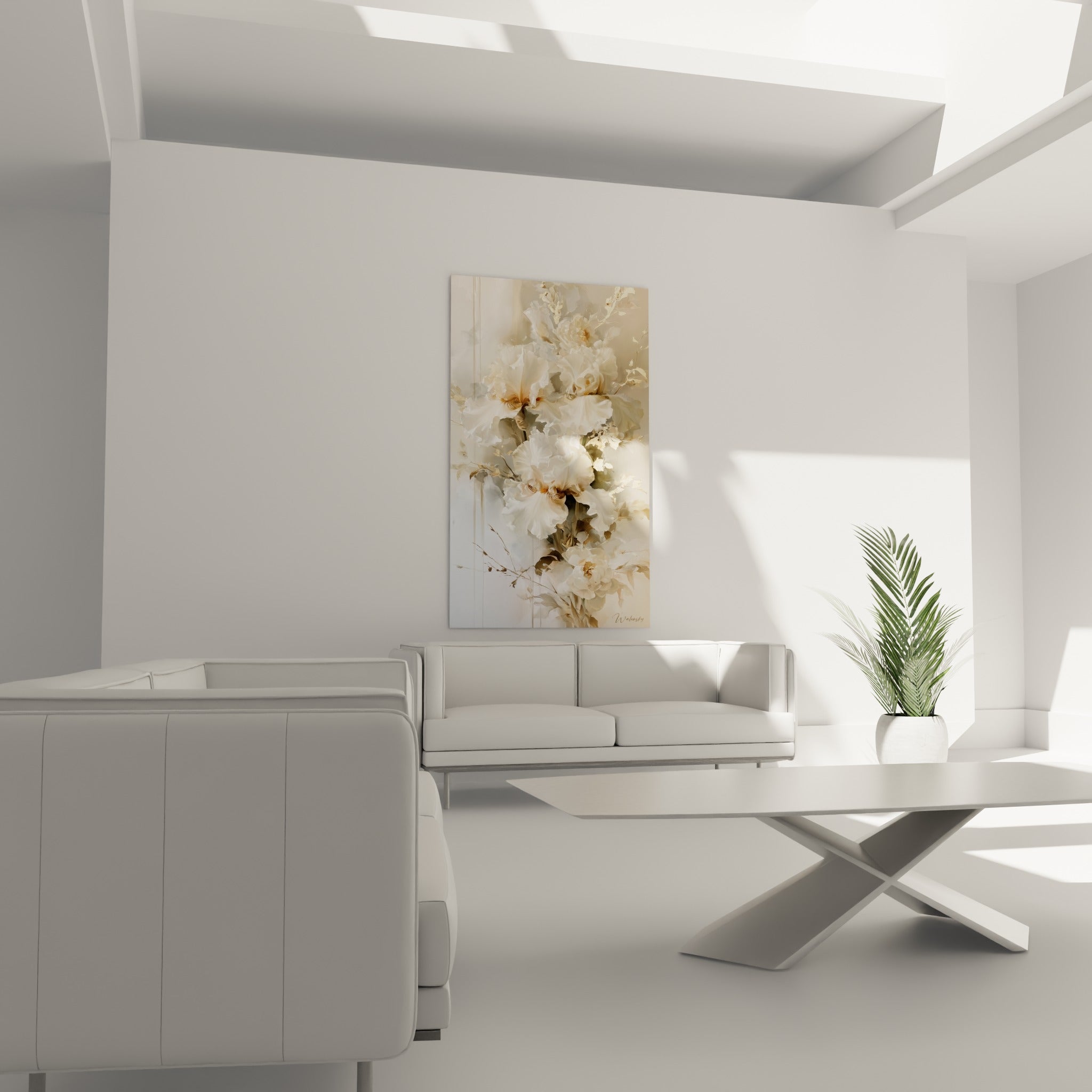 Fleurs d'iris blanches et dorées suspendues au-dessus d'un canapé dans un salon lumineux