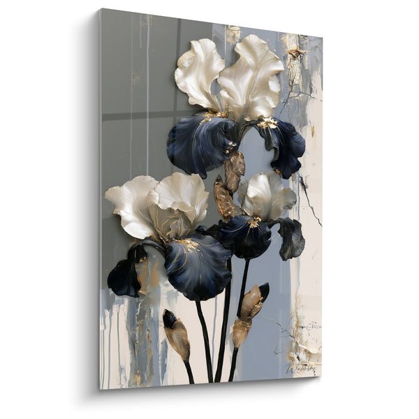 Tableau Iris blanc et bleu marine aux boutons cuivrés - Fond gris strié - Edition Iris