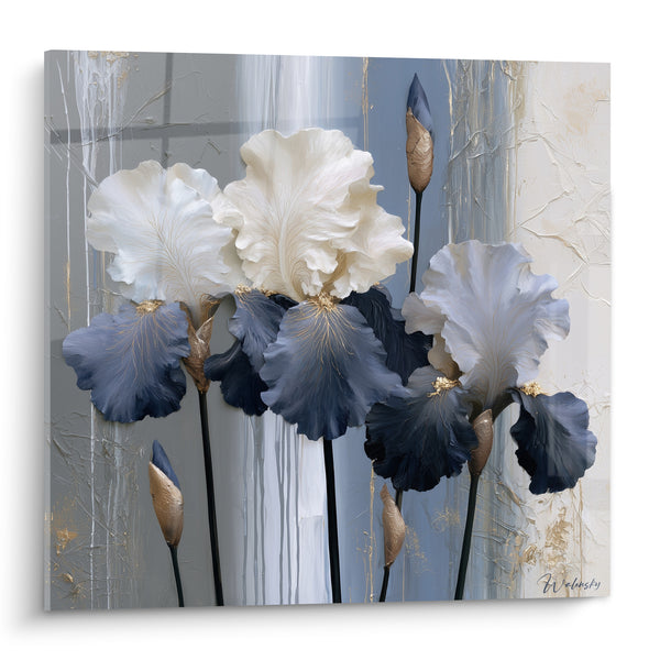 Tableau Fleurs blanches et bleu marine sur fond gris - Éveil floral - Edition Iris