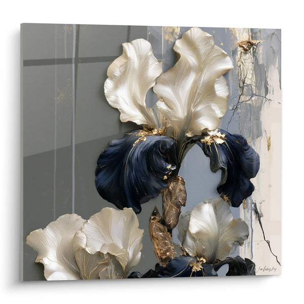 Tableau Iris ivoire et bleu marine sur fond gris fissuré - Pétales en éventail sculpté - Edition Iris
