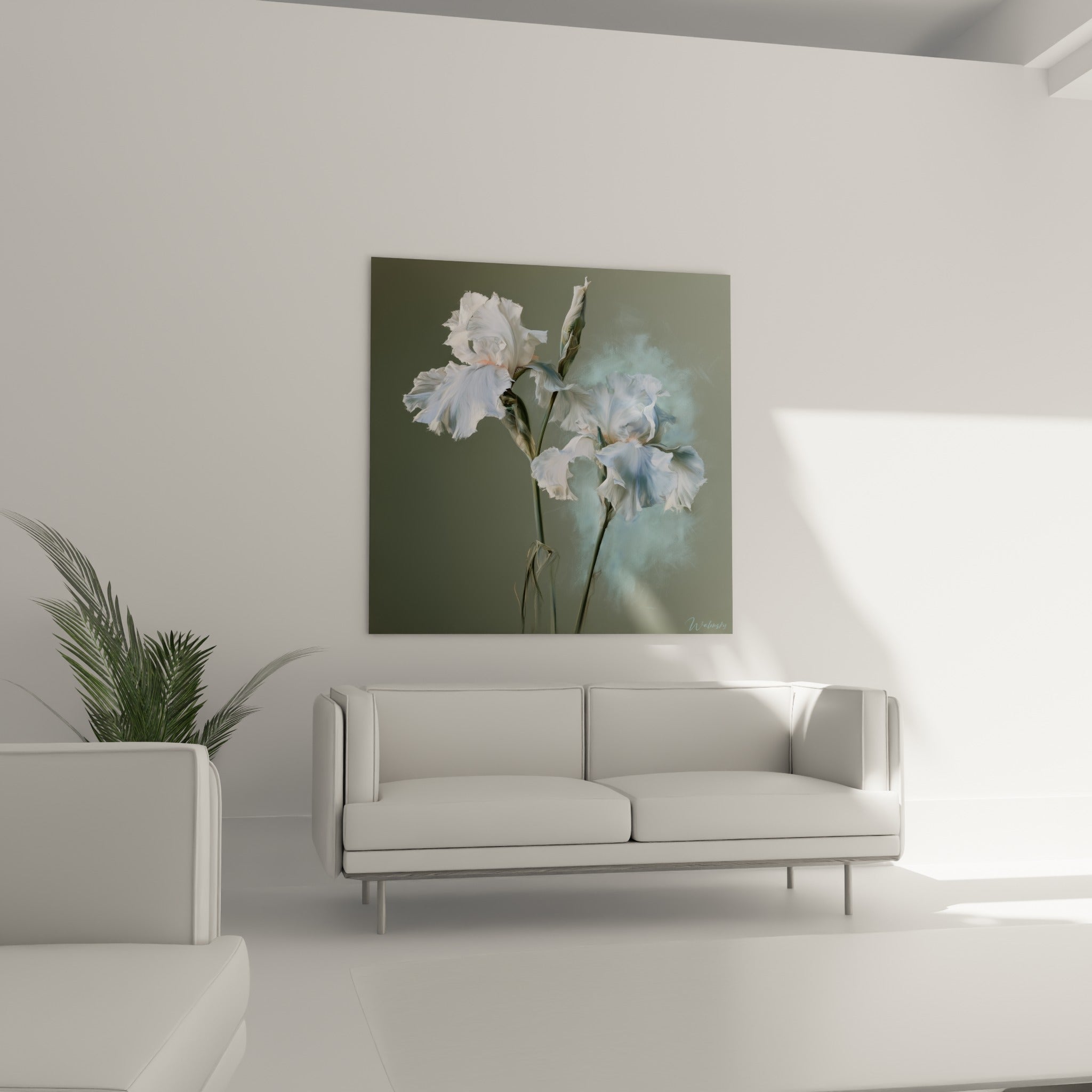 Pétales d'iris blanc crème et vert olive accrochés au-dessus d'un canapé dans un salon lumineux