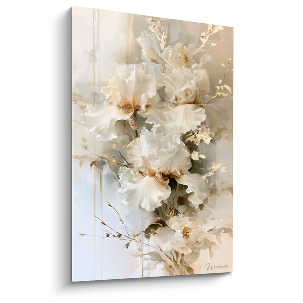 Tableau Iris blancs aux branches dorées - Éclosion nacrée - Edition Iris
