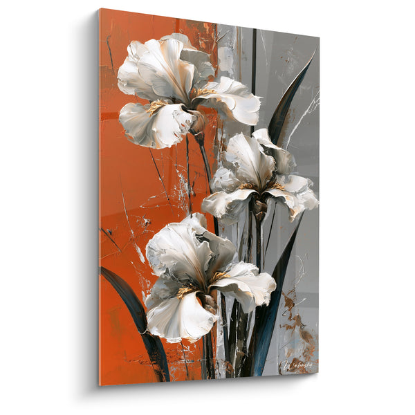 Tableau Iris blancs et gris aux éclaboussures orangées - Feuilles noires effilées - Edition Iris