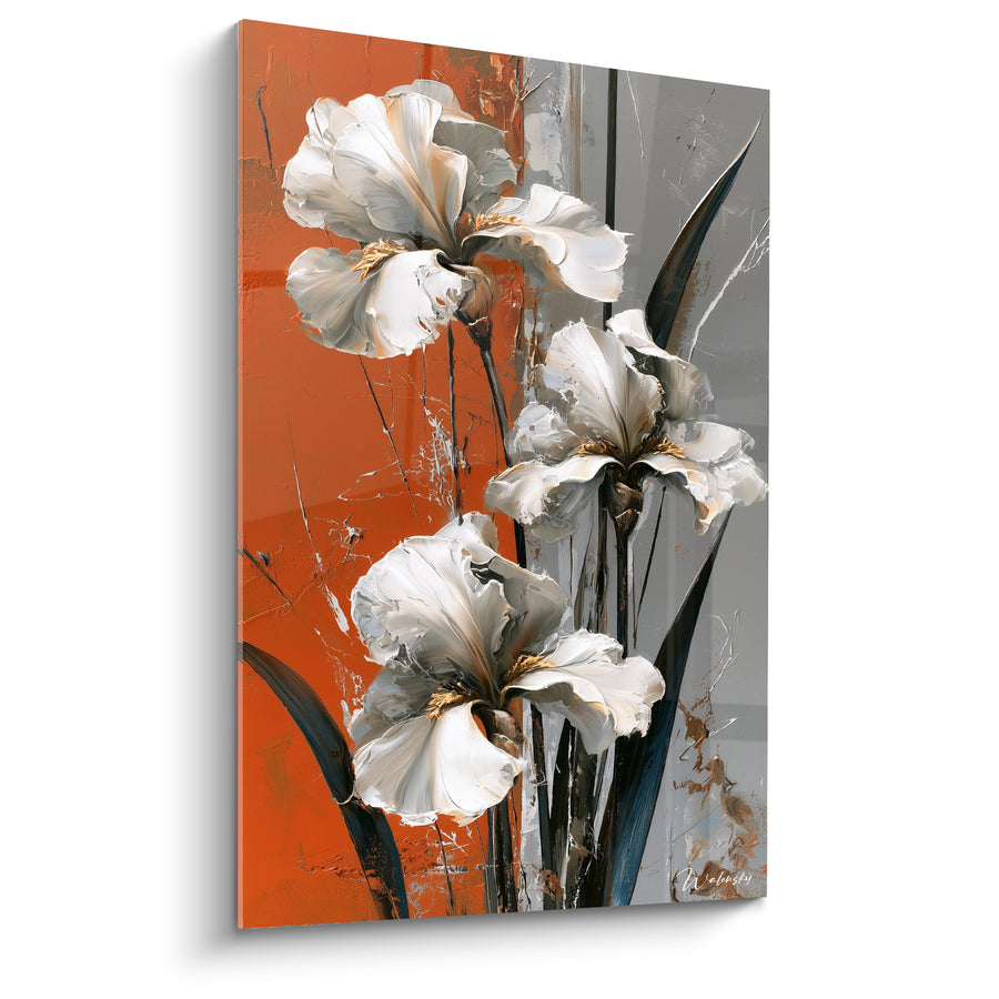 Cuadro Iris blancos y grises con salpicaduras anaranjadas - Hojas negras lanceoladas - Edición Iris