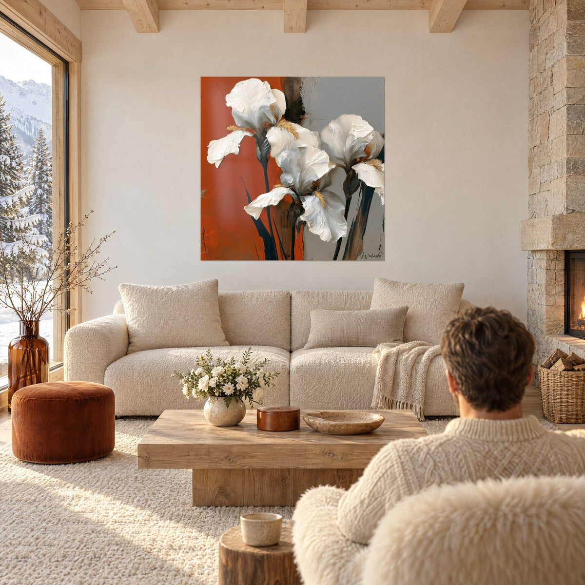 Wall art ivory iris with thick impasto petals, terracotta and grey background, person seen from behind, above a sofa in a bright living room