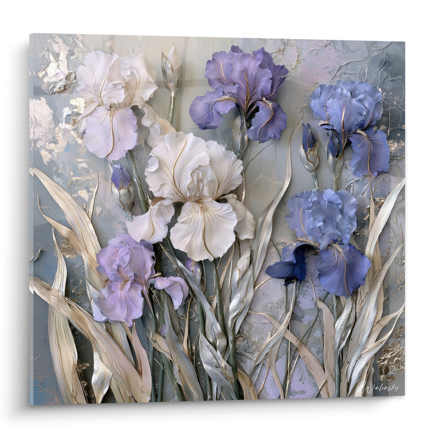 Cuadro Iris Blancos y Lavanda Azul Texturizados - Despertar del Jardín - Edición Iris
