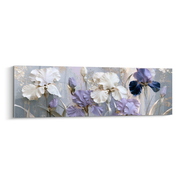 Tableau Iris blanc et mauve aux tiges argentées - Rangée florale panoramique - Edition Iris