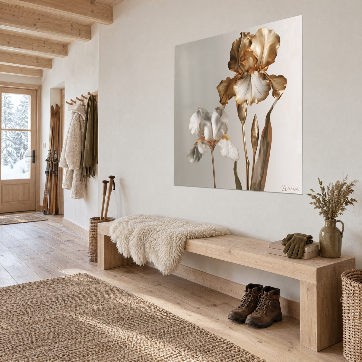 Wall art iris flower with pearlescent and bronze petals, golden bud, angled view above a light wood bench in an entryway