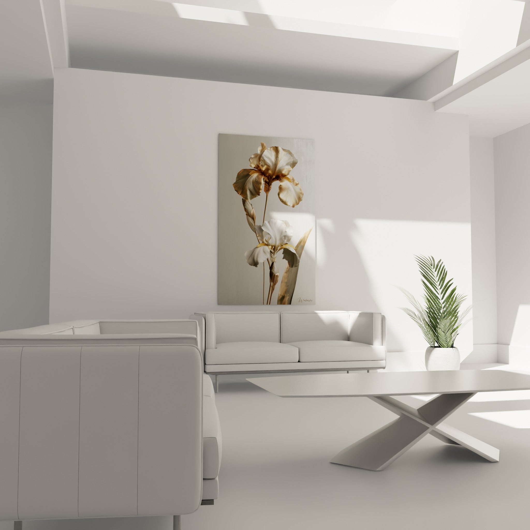 Iris doré aux nervures fines et pétale blanc immaculé, au-dessus d'un canapé dans un salon lumineux