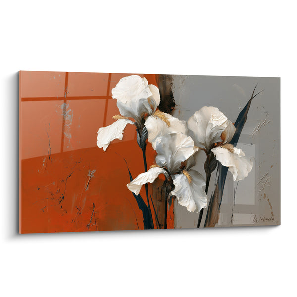 Tableau Fleurs blanches et grises aux tiges anthracite - Quadrillage orangé estompé - Edition Iris
