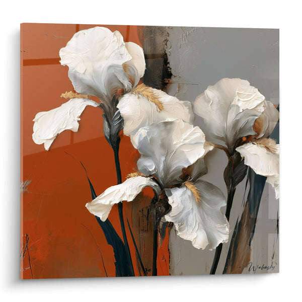 Tableau Iris blancs sur fond terracotta et gris - Souffle délicat - Edition Iris