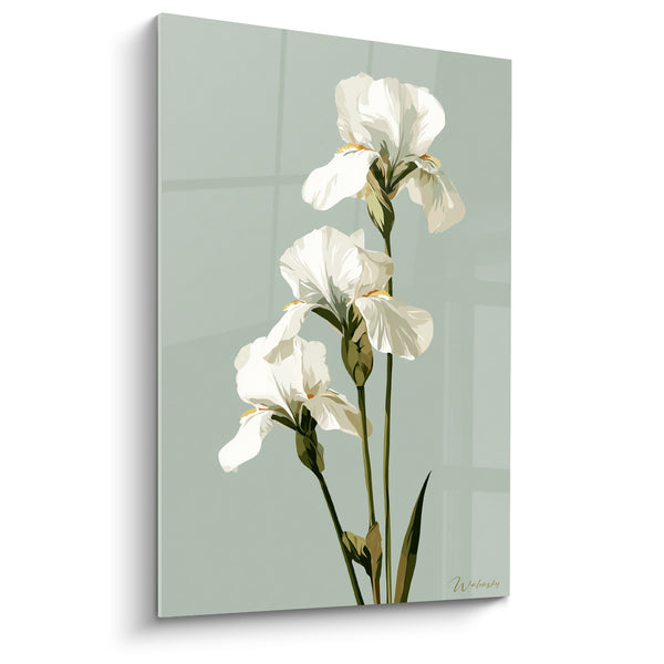 Tableau Iris blancs et vert amande à tiges dressées - Trio floral vertical - Edition Iris
