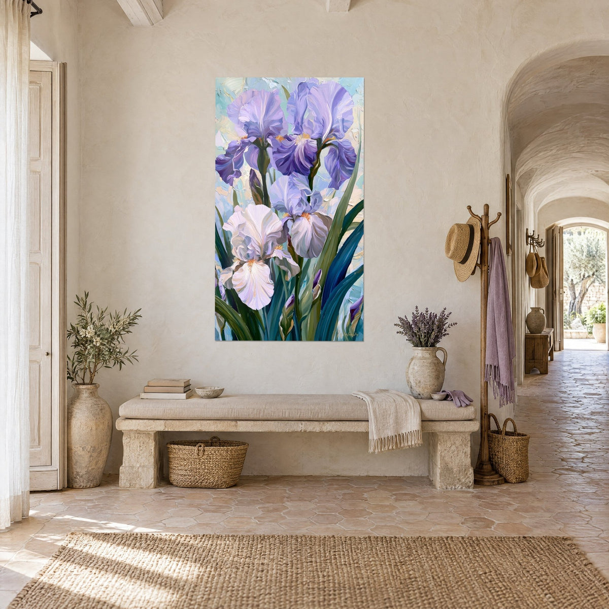 Wall art with a bouquet of violet and white irises with orange beards, thick sage green brushstrokes, on the cream wall of a Provençal farmhouse hallway